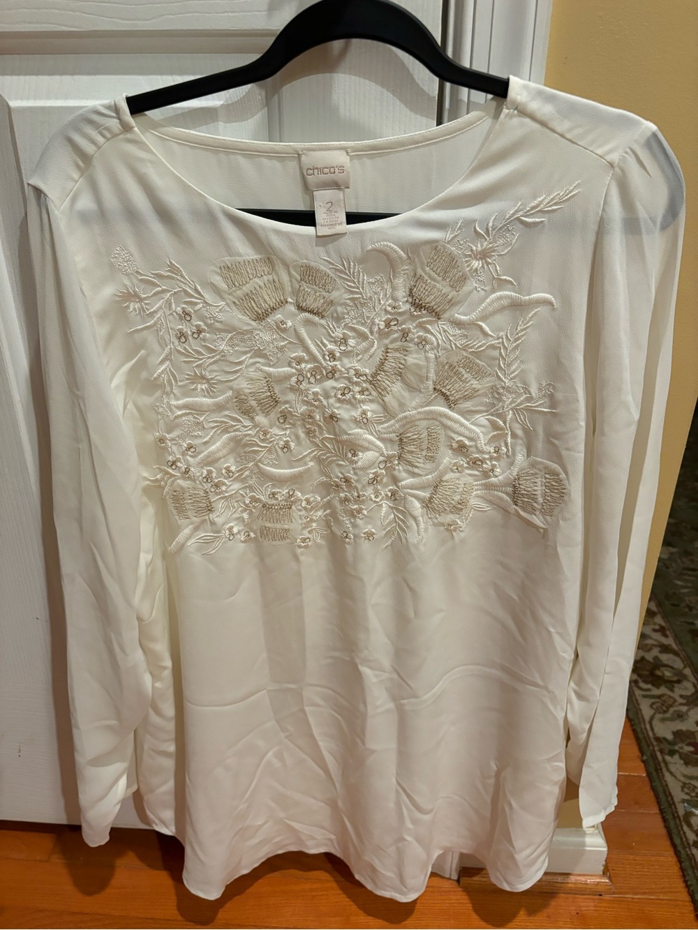 Chico's Cream Embroidered Long-Sleeve Blouse, Size 2 (Large)